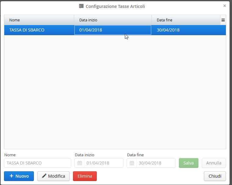 Configurazione tasse di sbarco